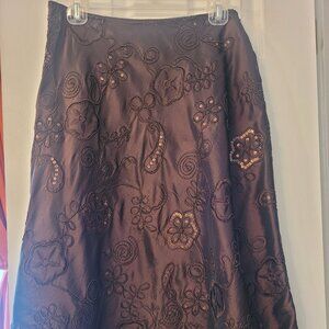 Satiny brown full skirt, embellished with sequins & embroidery, Size M.